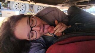 stepdaughter warms me up under truck with a blowjob until her mouth is full of cum - porn video